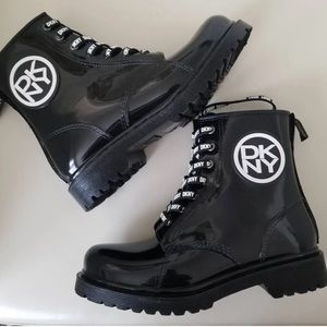 DKNY Tilly Black Patent Waterproof Monogrammed Platform Combat Boots